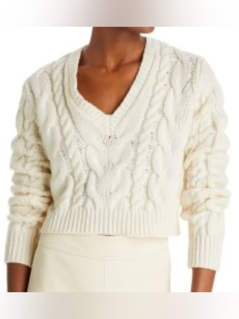 FRAME Cream Chunky Cable Knit Cropped V-Neck 100% Merino Wool Sweater Size XL